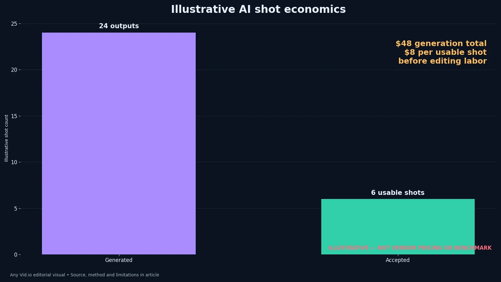 Illustrative funnel showing 24 AI video generations, six accepted shots and eight dollars per usable shot