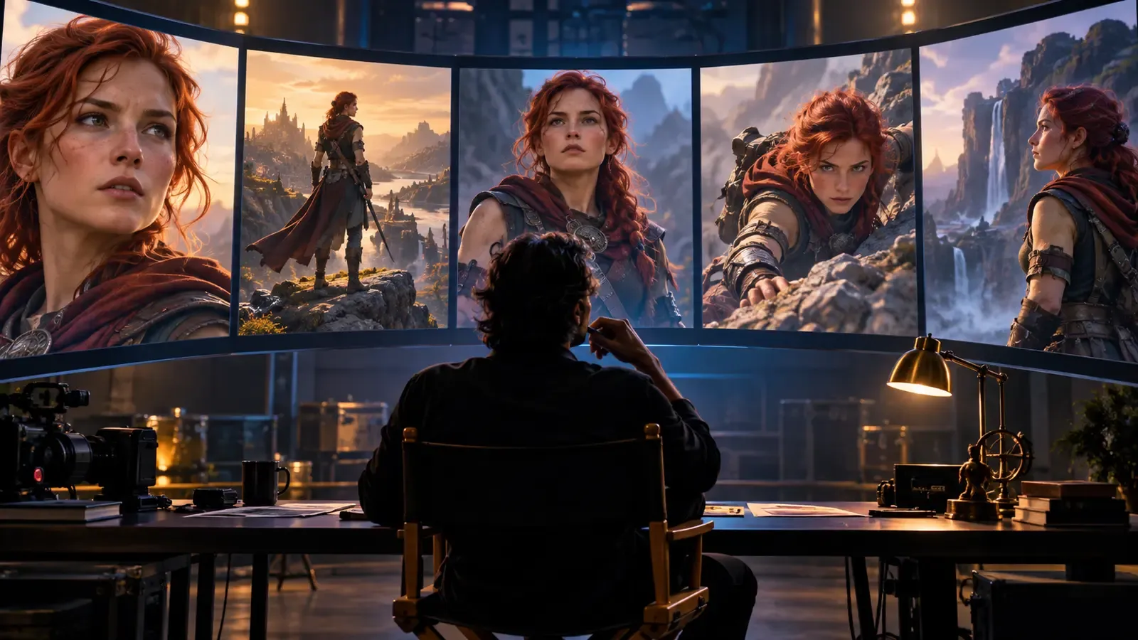 Director comparing five cinematic shots of the same fictional adventurer