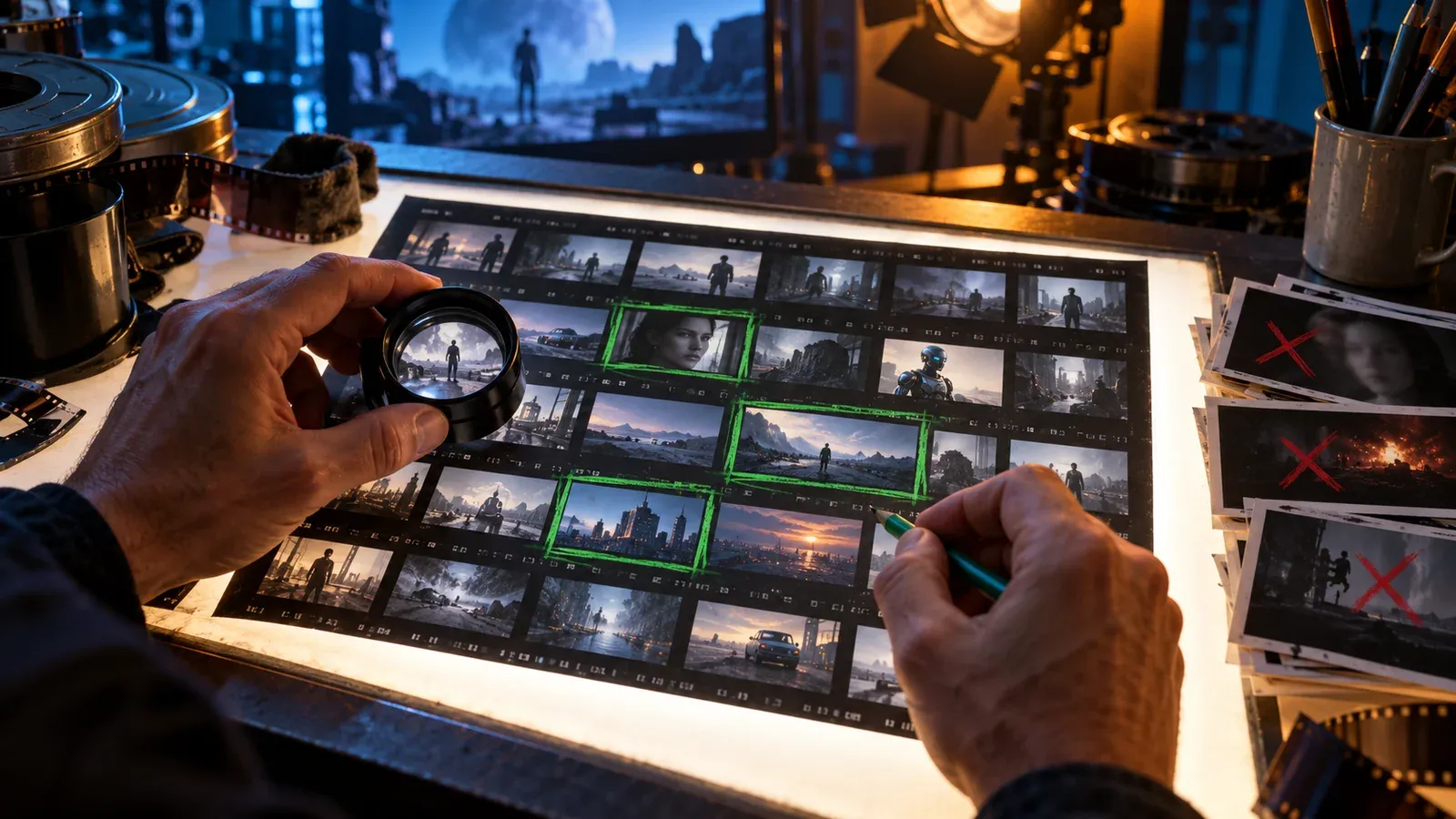 Human editor reviewing an AI video contact sheet and separating approved from rejected shots