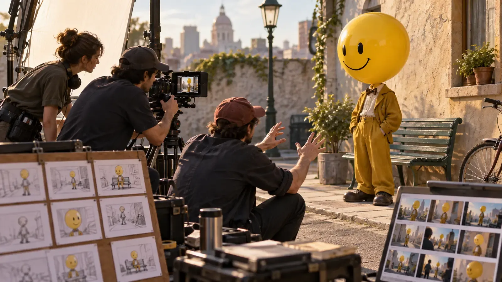 Three-person film crew directing a whimsical yellow balloon-headed character on a city street