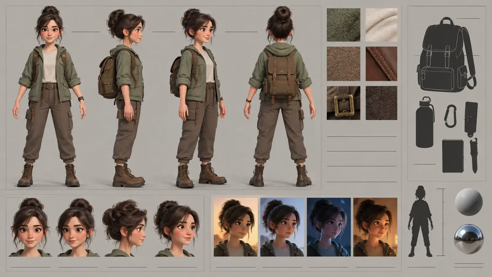 Character continuity model sheet with consistent front, profile and three-quarter views