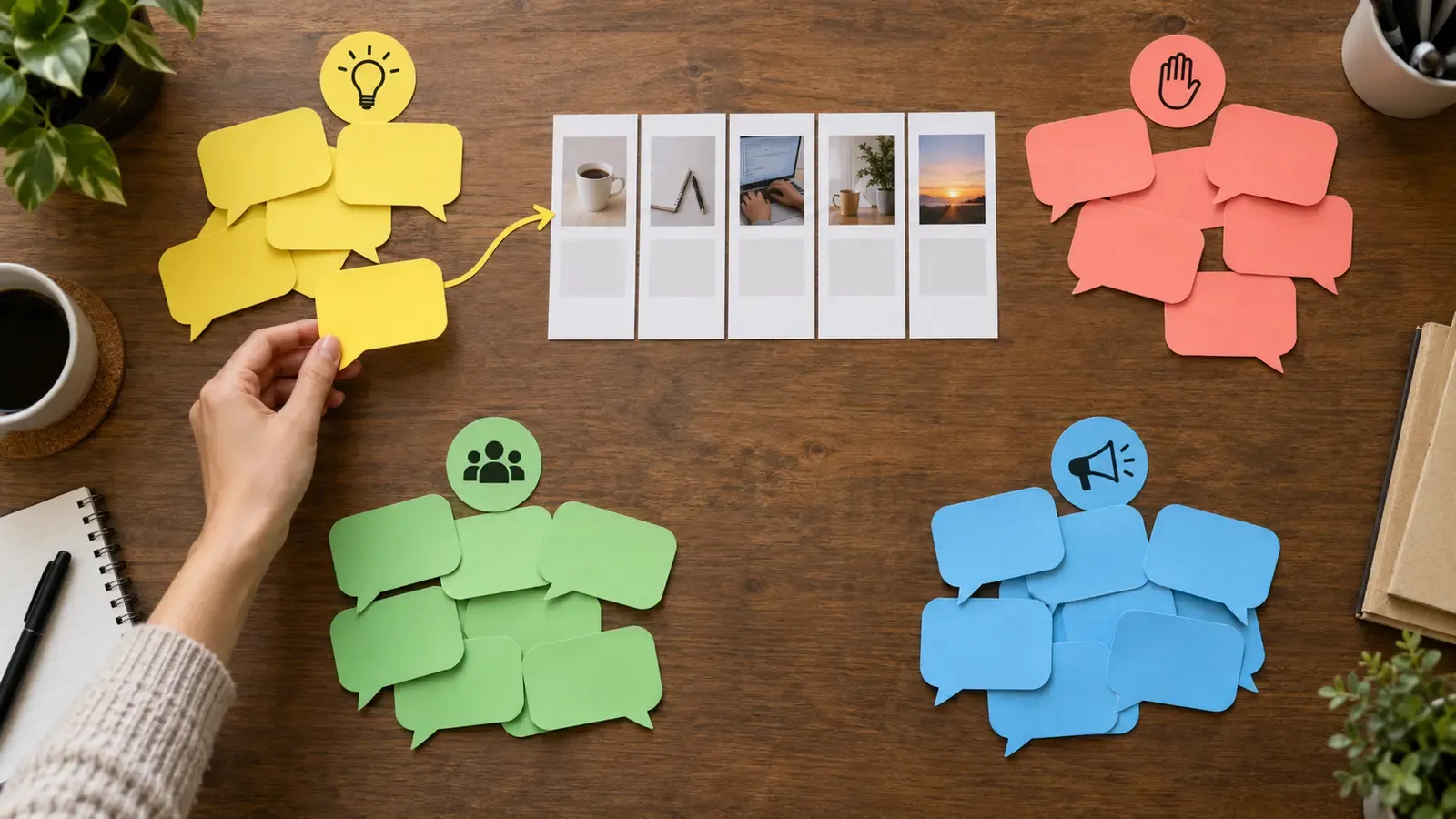 Blank speech-bubble cards grouped into questions, objections, stories and noise