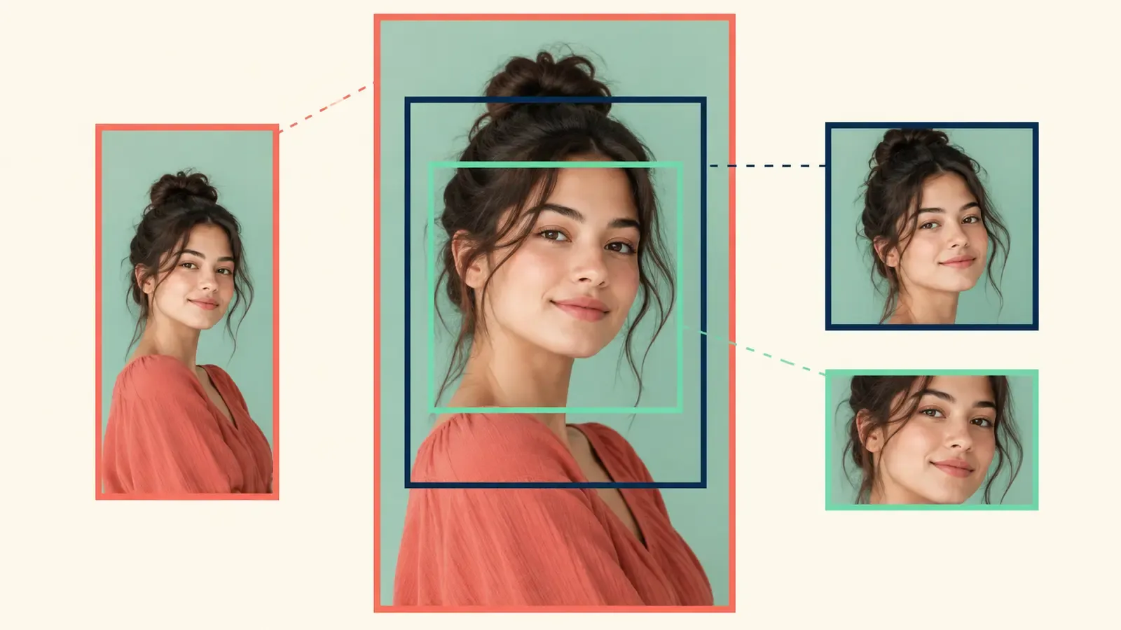 Portrait tested inside multiple crop rectangles with a highlighted central safe zone