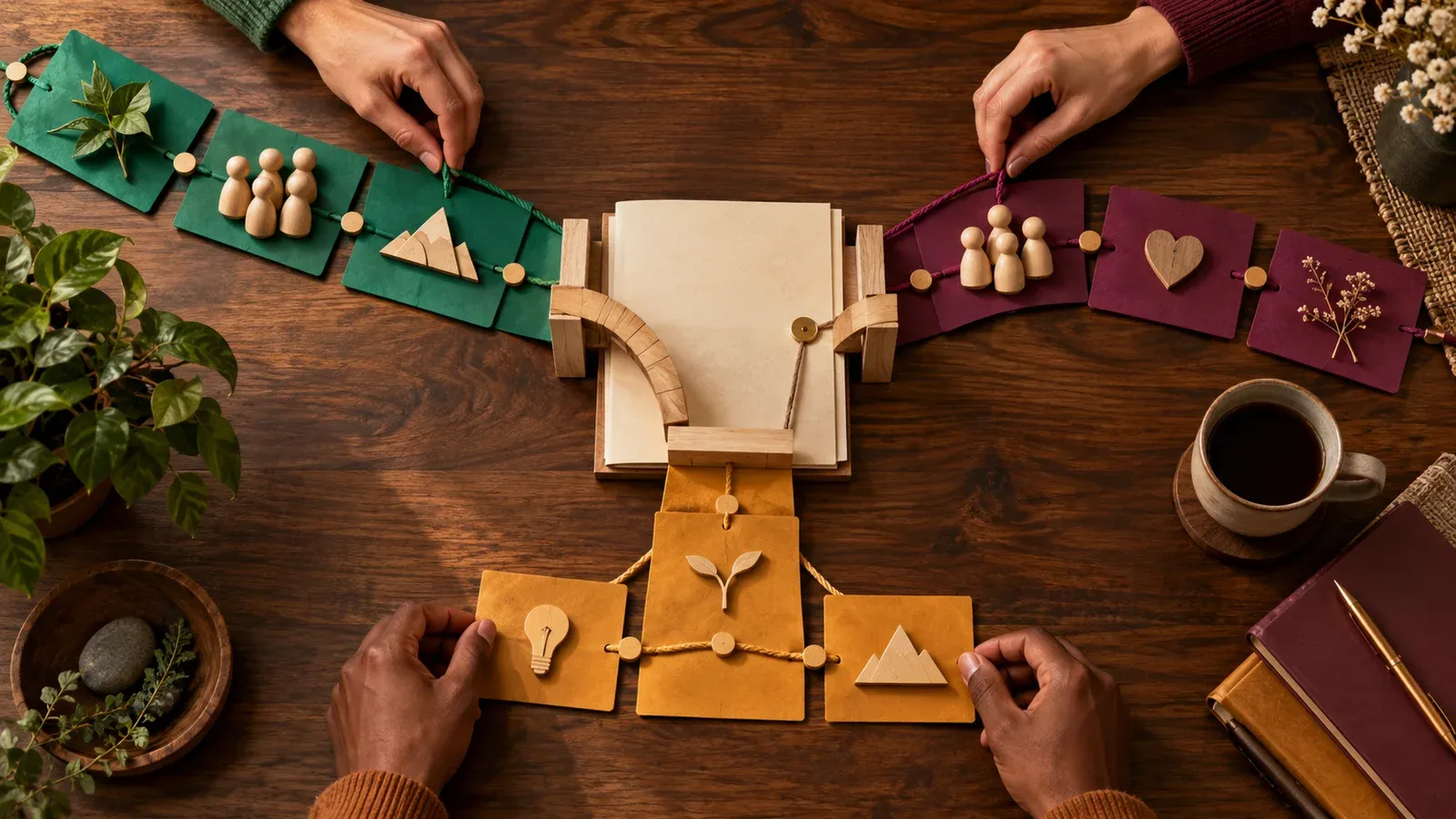 Three colored planning paths converging into a stable creator business system on a wooden table