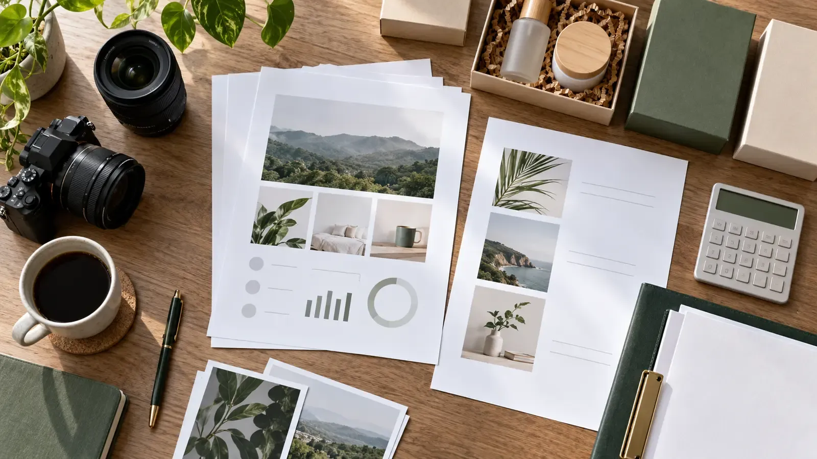Overhead sponsorship workspace with blank media-kit pages, camera and unbranded product boxes