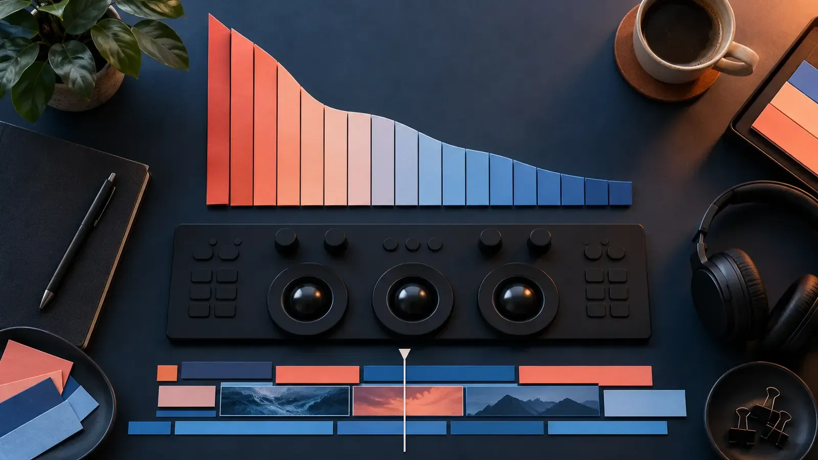 Editing controls beside paper strips shaped like a short-form audience retention curve