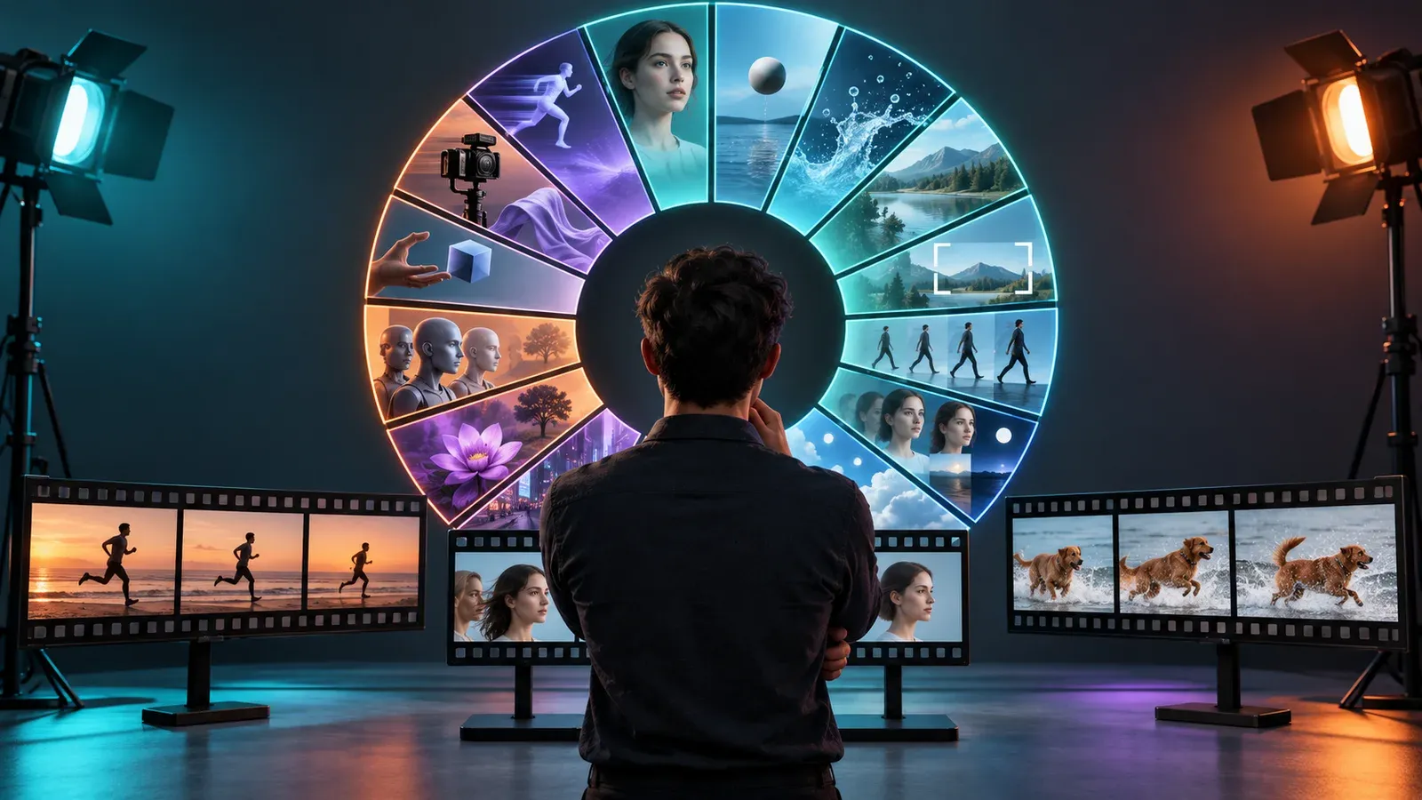 Futuristic but realistic thumbnail showing several generated video frames entering a structured evaluation grid