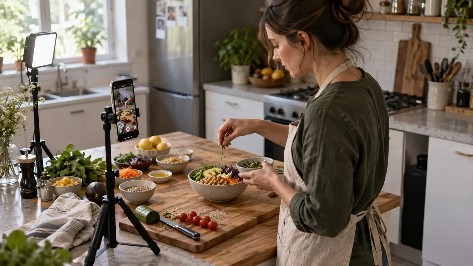 Creator filming a vertical cooking tutorial with a phone tripod and natural kitchen light