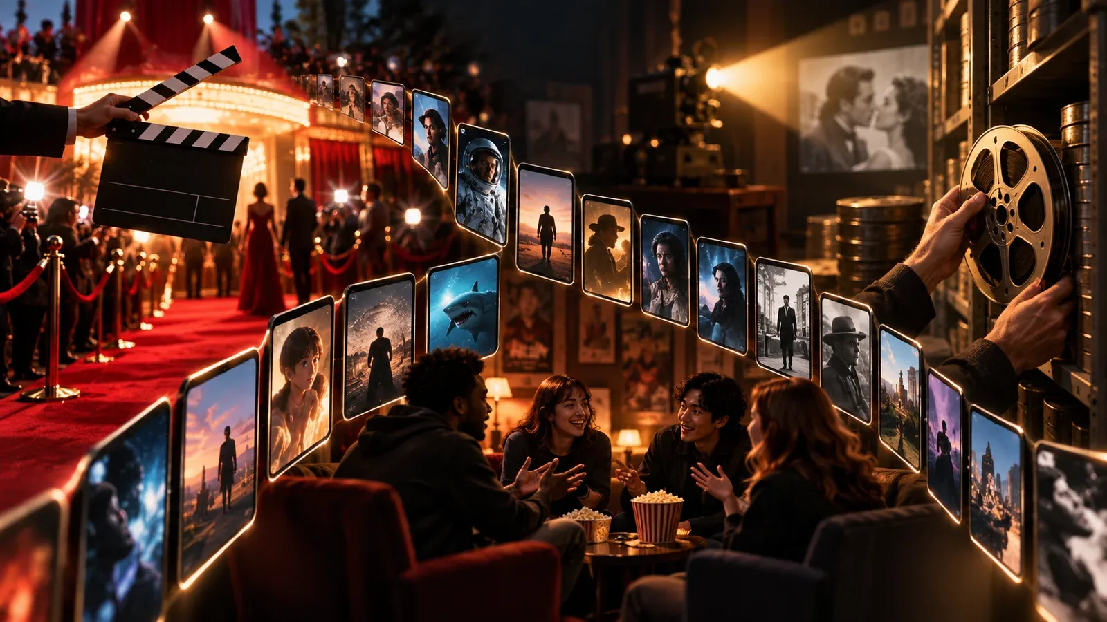 Cinematic path of vertical film frames linking a premiere, discussion group and archive reel
