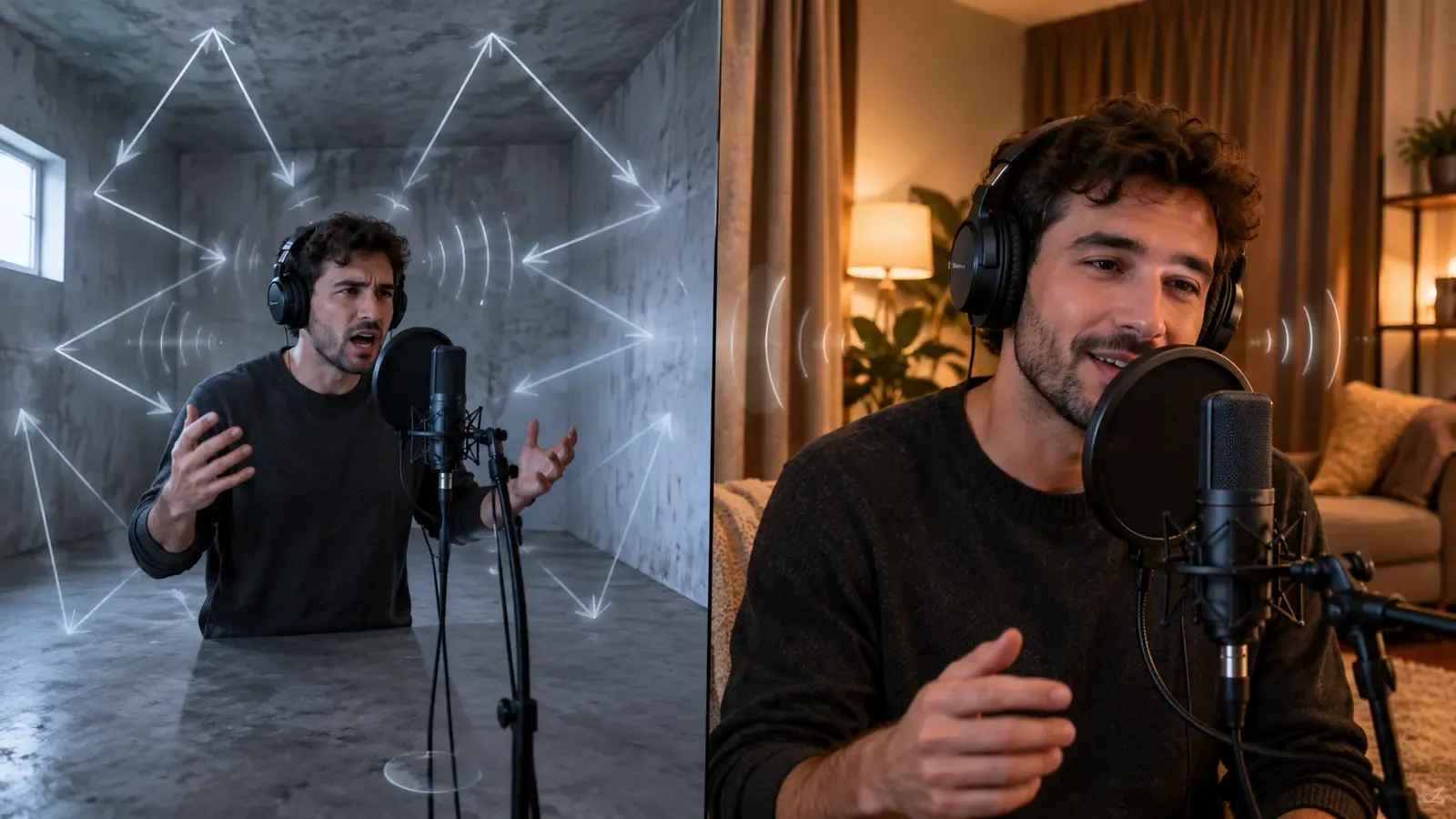 Split view comparing echoey distant recording with a close microphone in a softened room