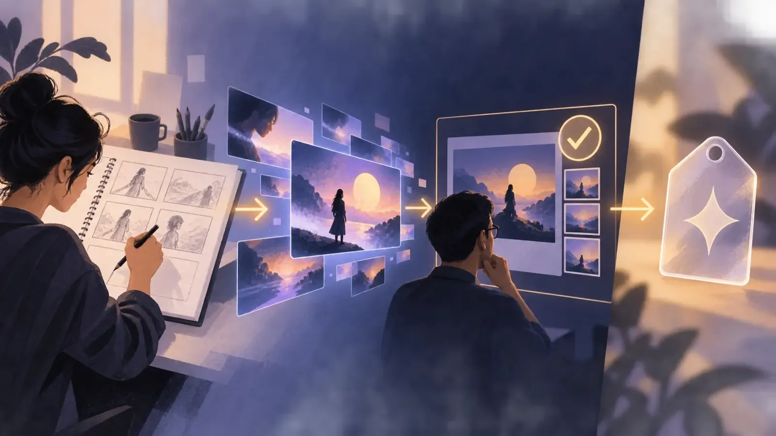 Illustrated AI video workflow moving from a human storyboard through generated frames to review and disclosure
