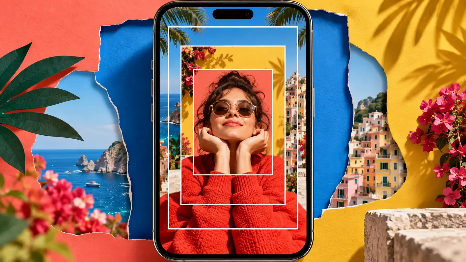 Portrait centered inside several colorful crop frames on a vertical phone