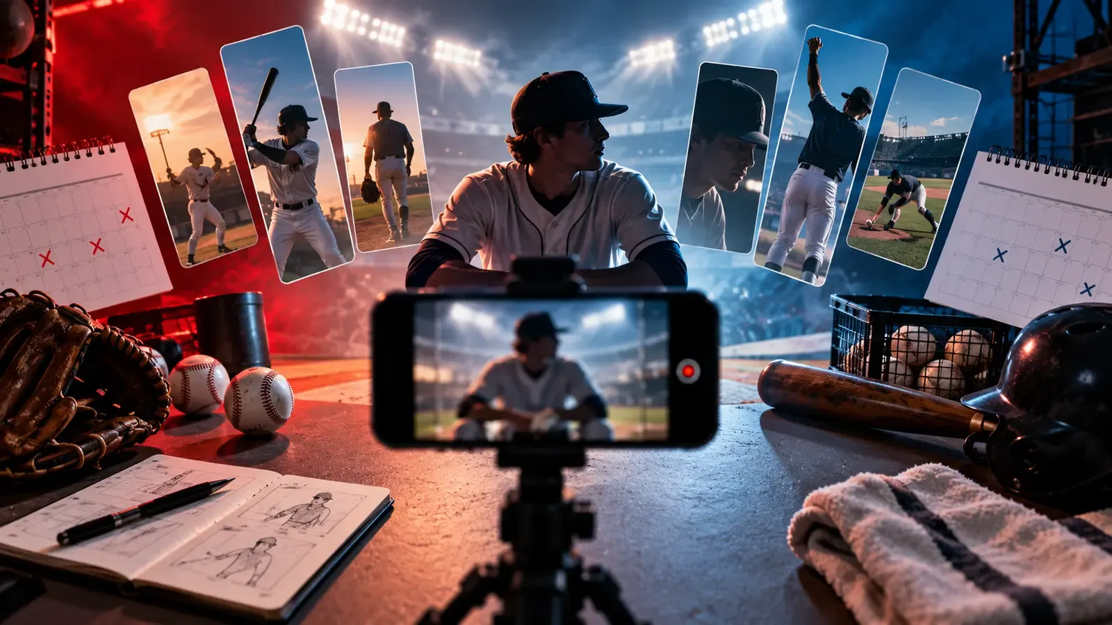 Baseball creator filming a vertical series under stadium lights with a content calendar nearby