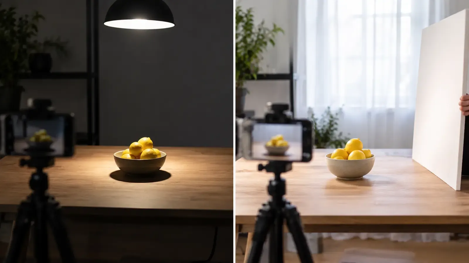 Side-by-side filming setup comparing harsh overhead light with soft window light