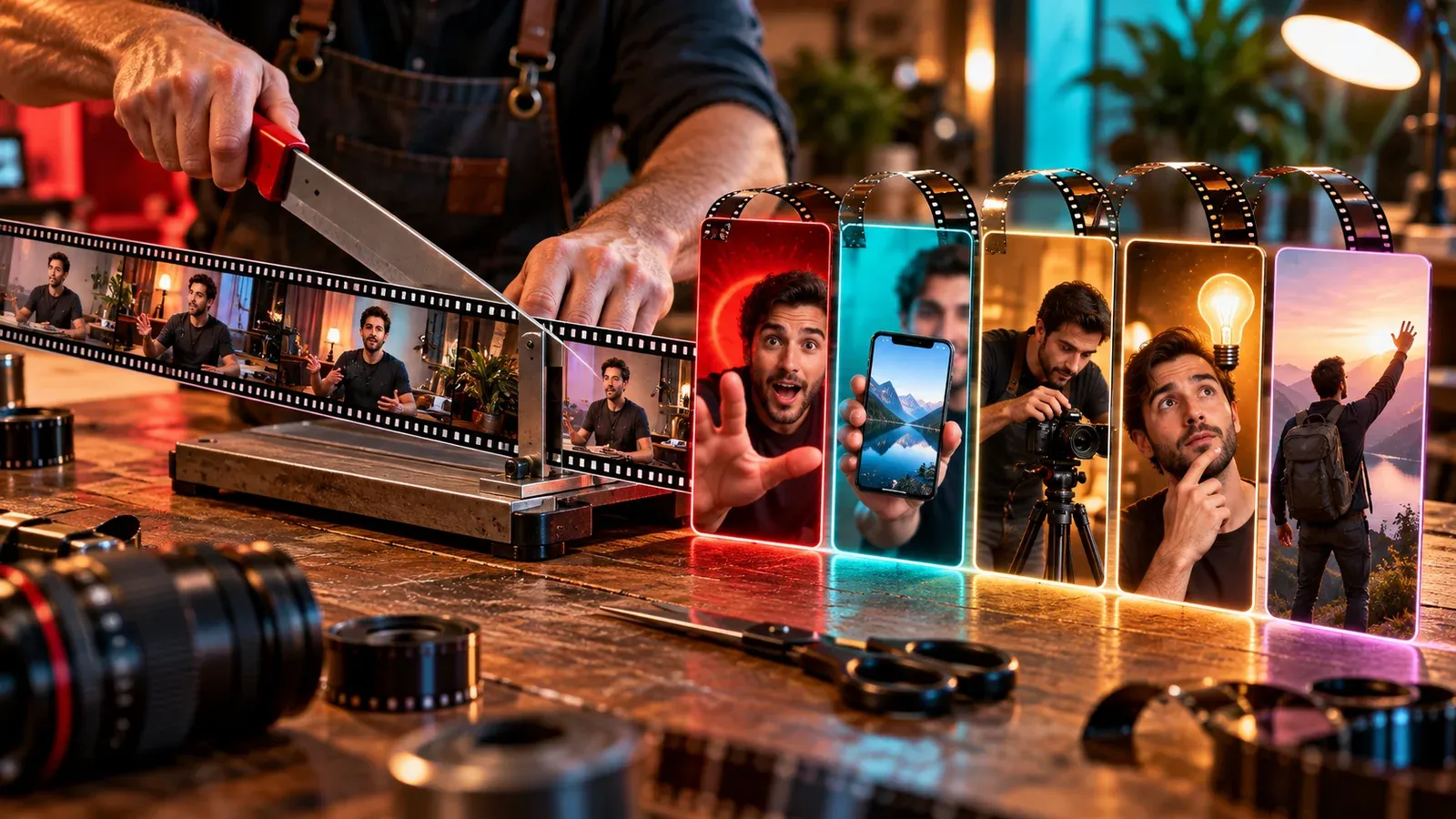 Eye-catching thumbnail showing a long filmstrip being cut into five colorful vertical story cards