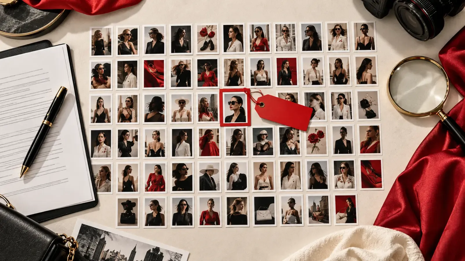 Fashion campaign evidence board with dozens of creator photo cards, contract and disclosure marker