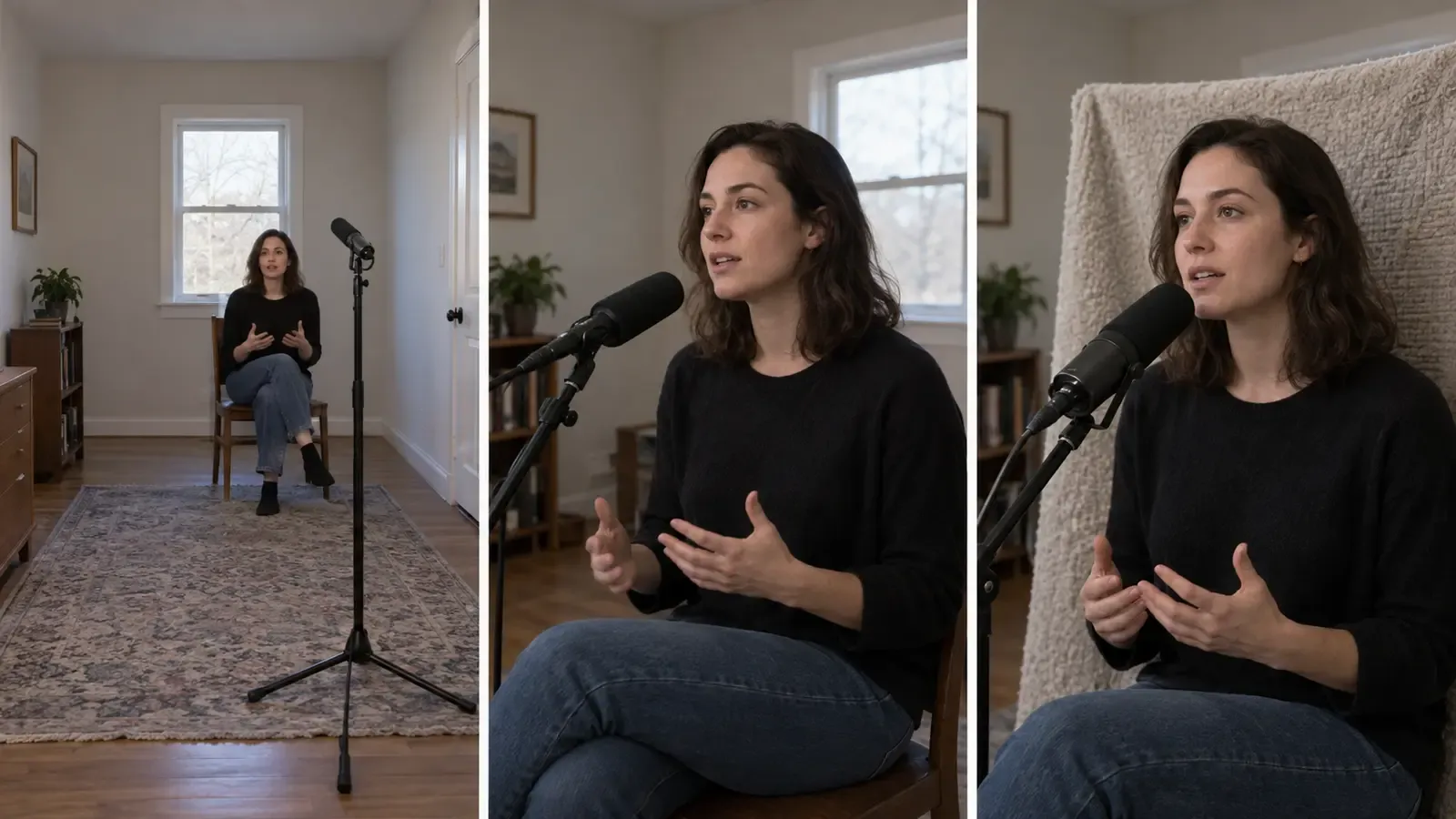 Three microphone setups comparing distant placement, close angled placement and soft material behind the speaker