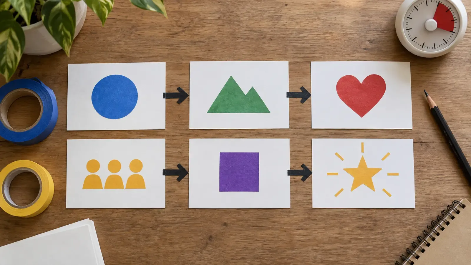 Six visual storyboard cards arranged into two promise-to-payoff sequences