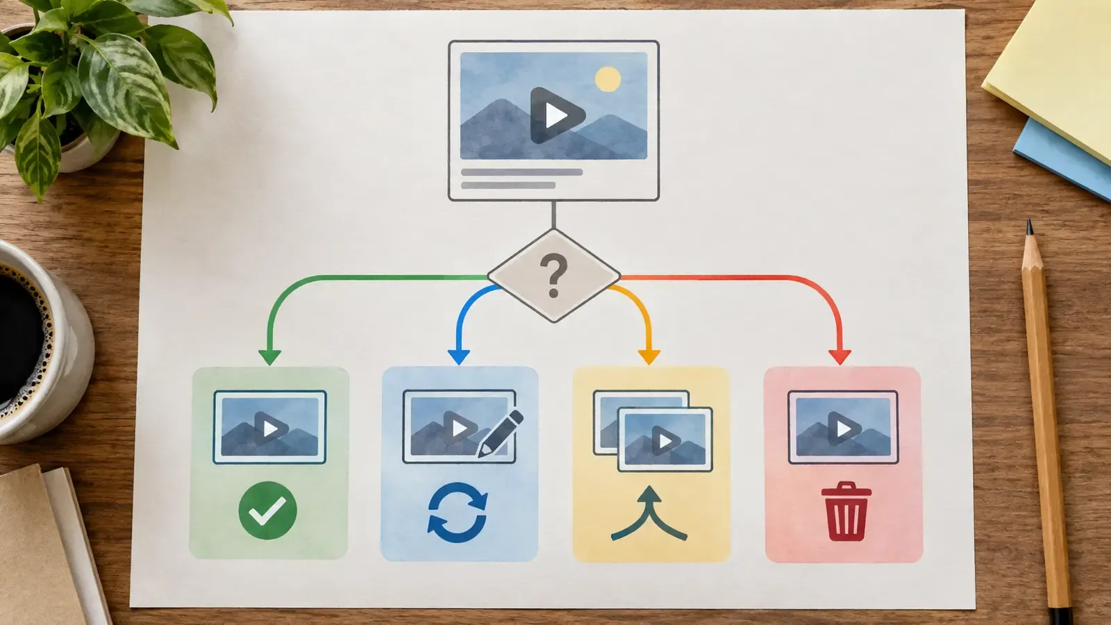 Paper decision tree branching an old video page into keep, update, merge or retire actions