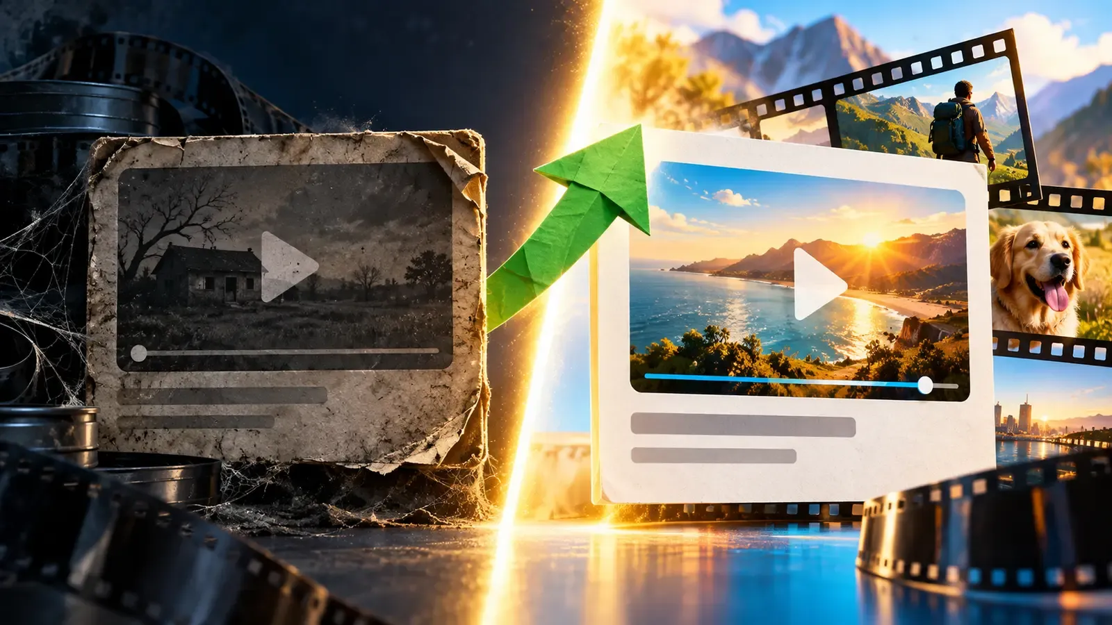 A worn video page transforming into a bright updated version