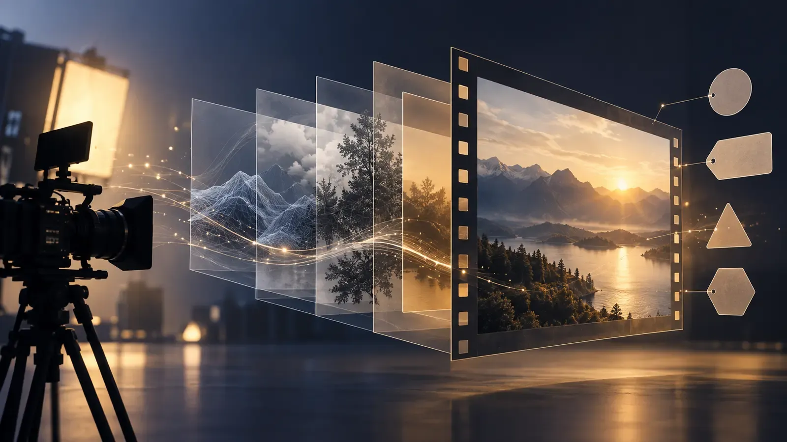 Camera beside translucent layers representing stages of an AI-generated video
