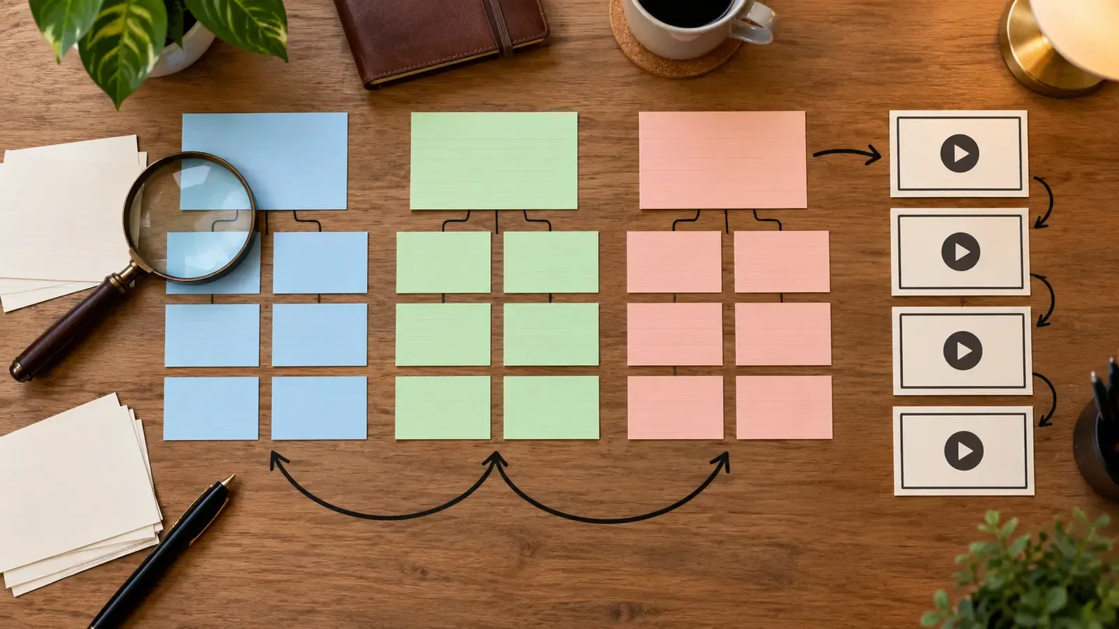 Color-coded search-intent cards branching into a four-video series