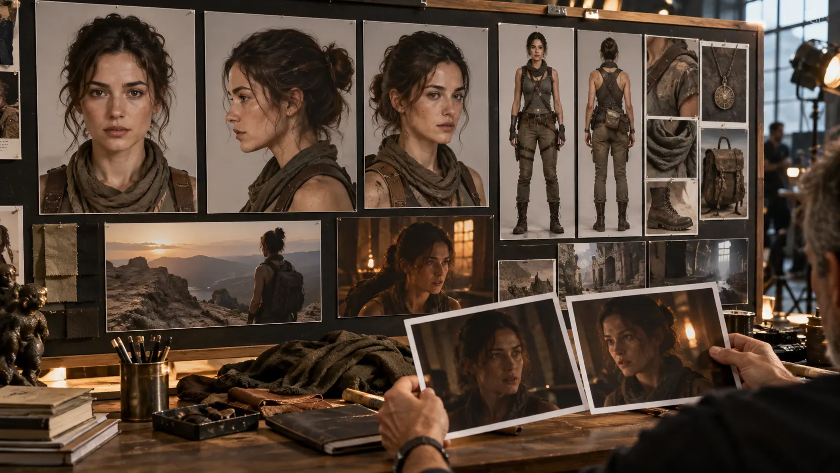 Reference board showing the same fictional character from multiple angles, costumes and lighting setups