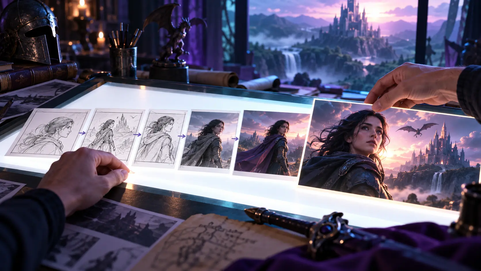 Hands reviewing cinematic AI video storyboard frames on a light table
