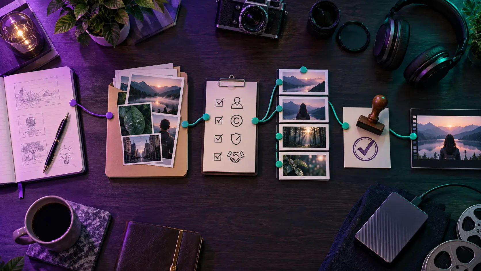 AI video provenance desk with prompt notebook, source folders, review stamp and edit sequence cards