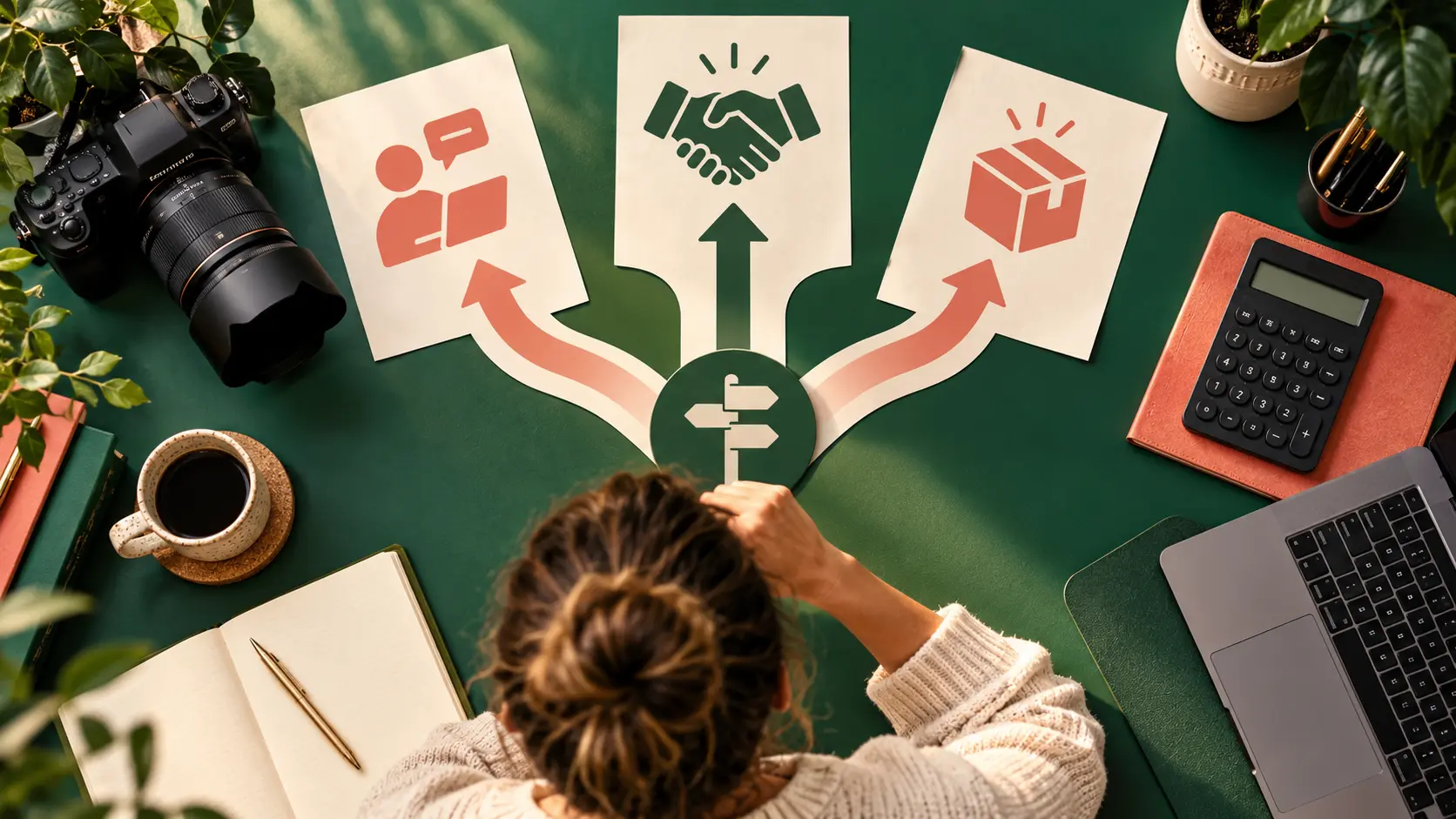 Overhead creator business planning desk with camera, calculator and diversified revenue cards