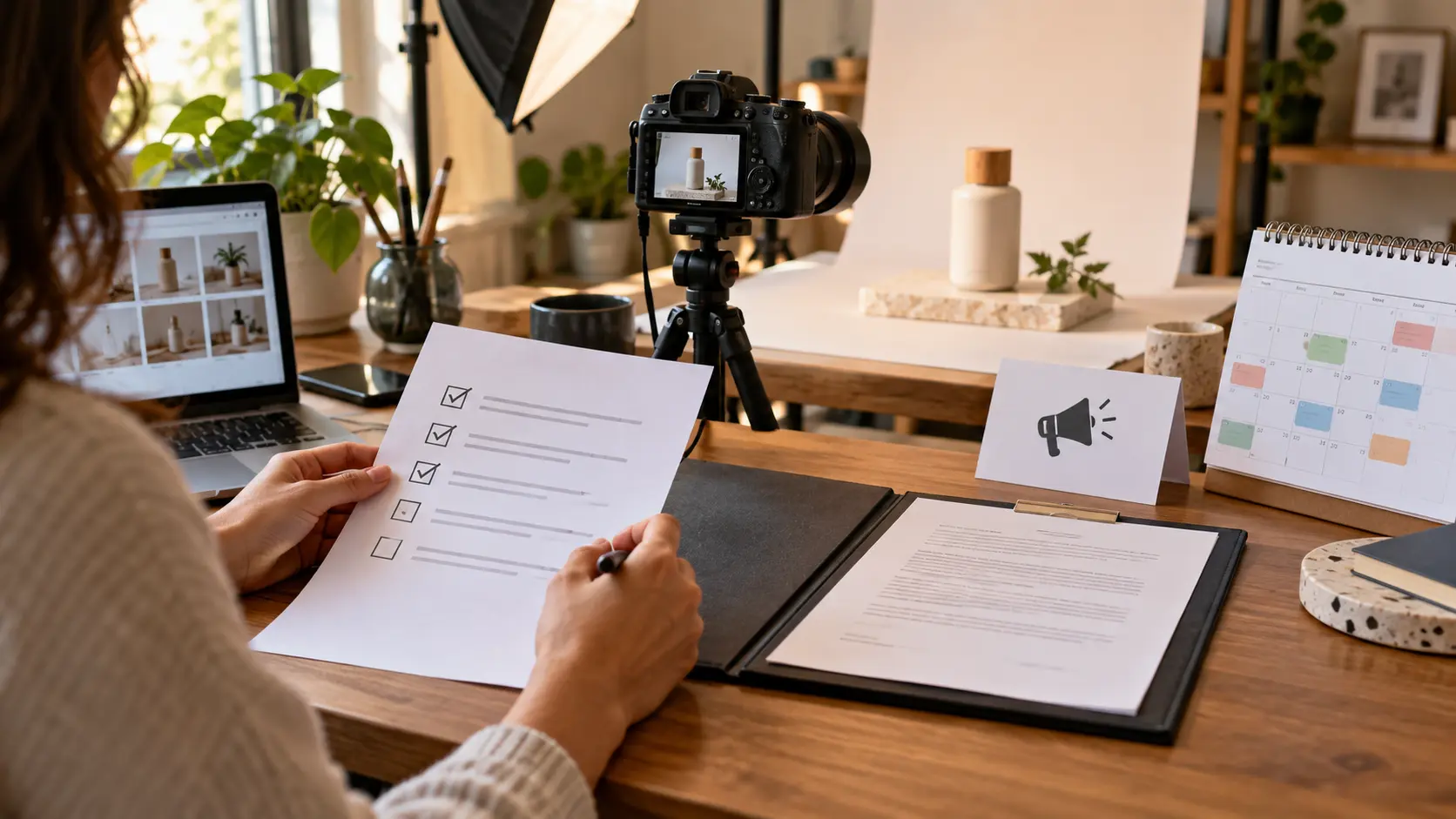 Sponsorship production desk with camera, deliverables calendar, disclosure card and contract folder