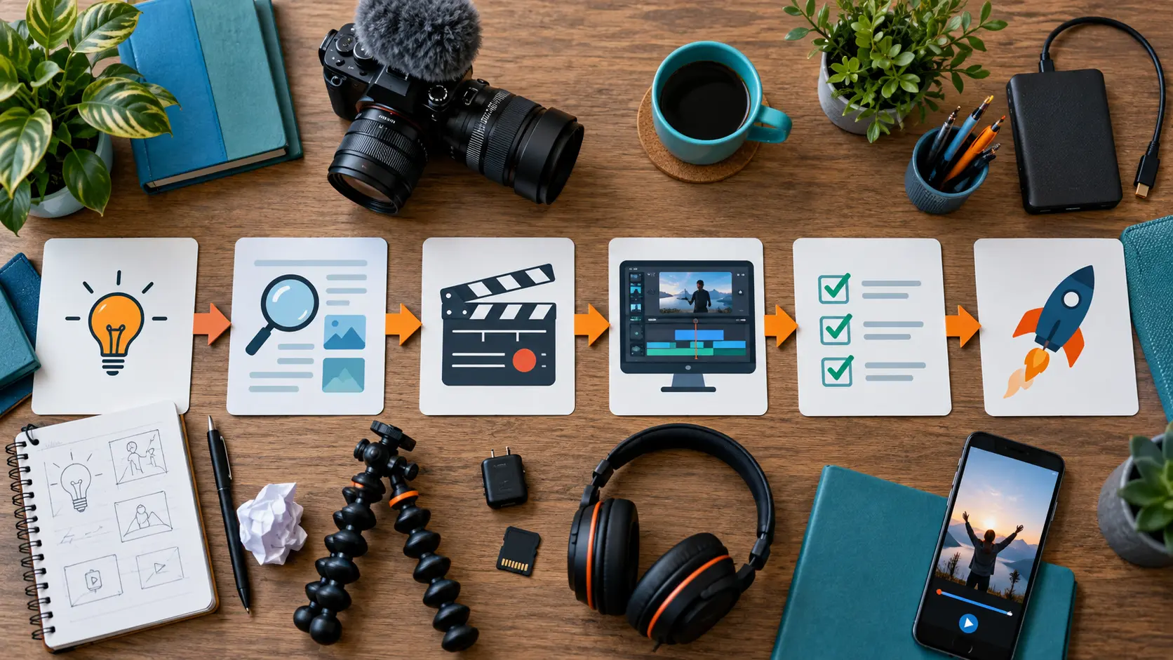 Physical cards showing a creator idea moving through filming, editing and publishing stages