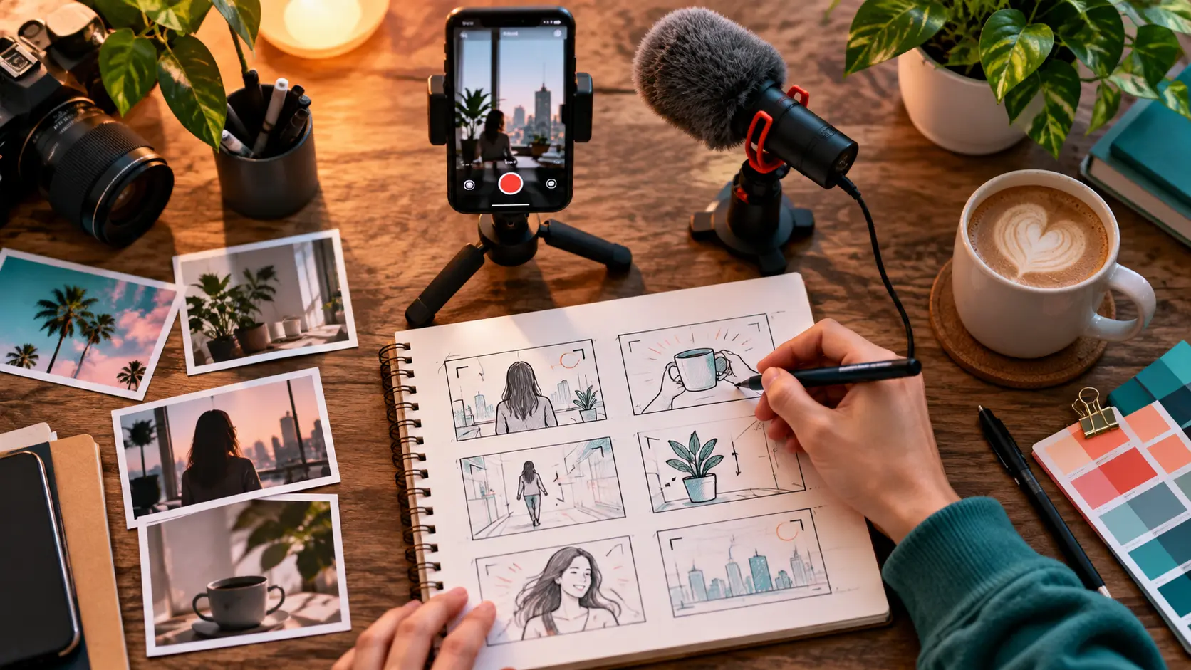 Overhead creator desk with storyboard sketches, phone camera and microphone