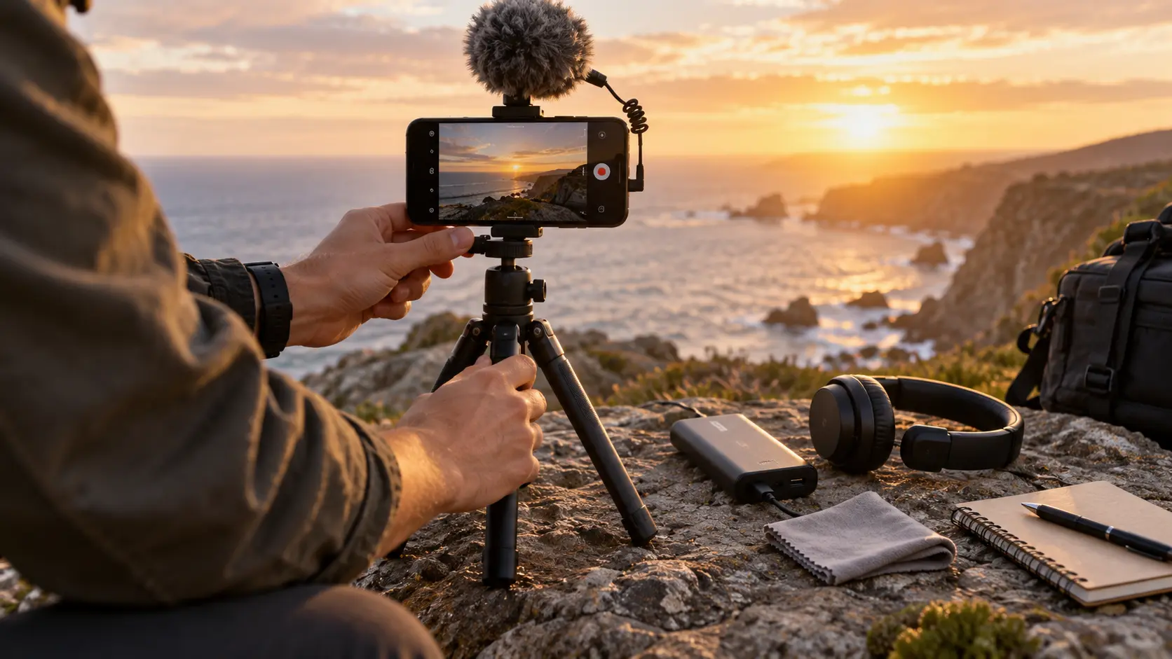 Compact vertical video filming kit arranged outdoors beside a phone tripod and microphone