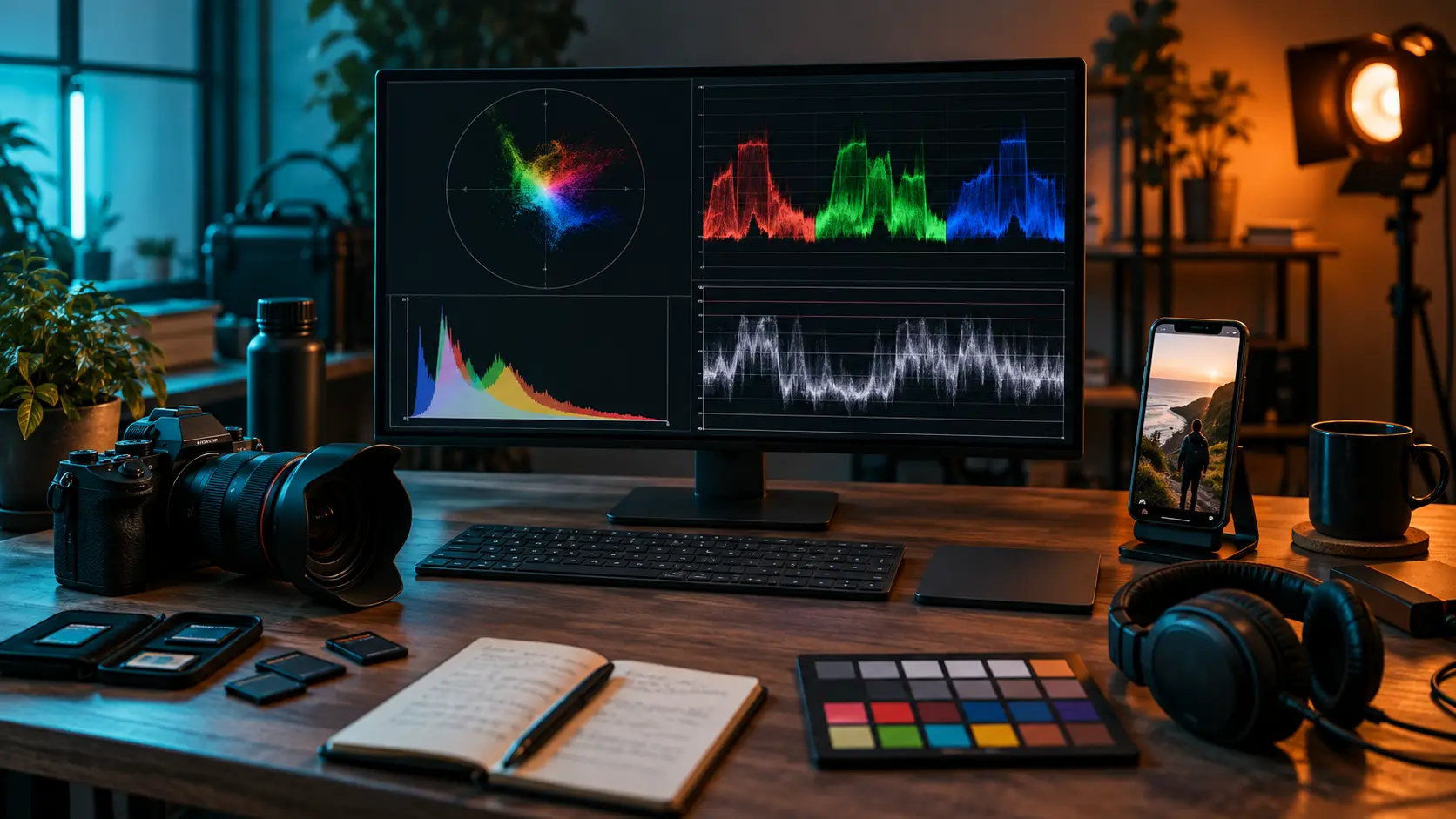 Video quality control station with color chart, audio waveform display and camera equipment