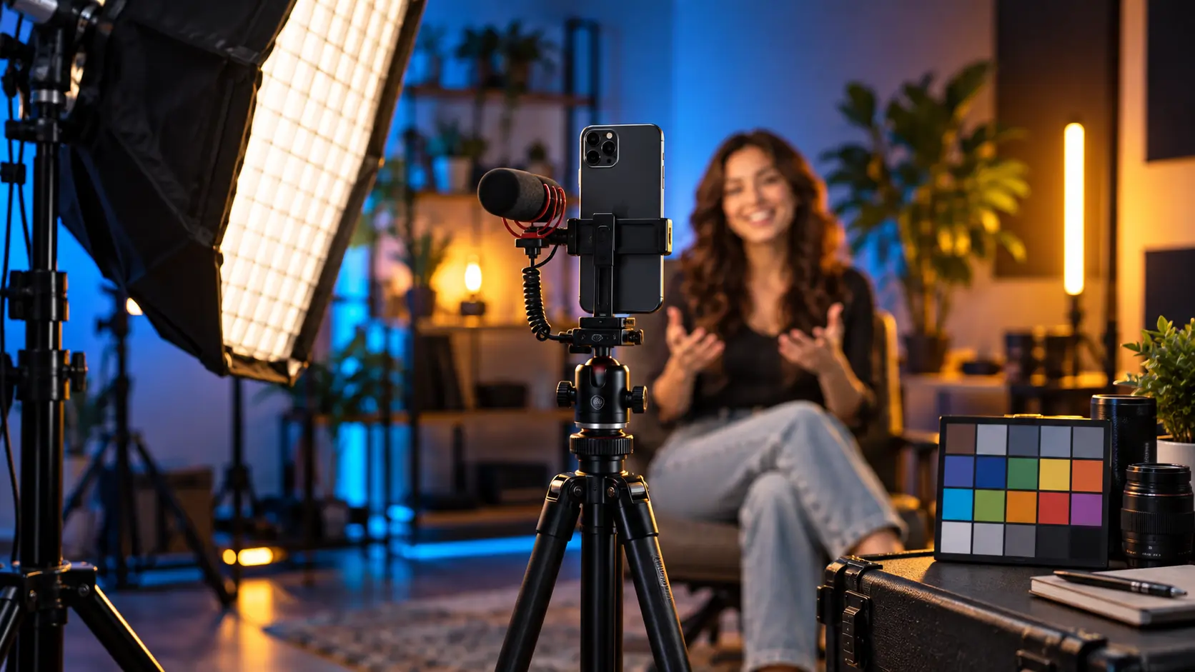 Vertical smartphone filming rig with microphone and soft lighting in a creator studio