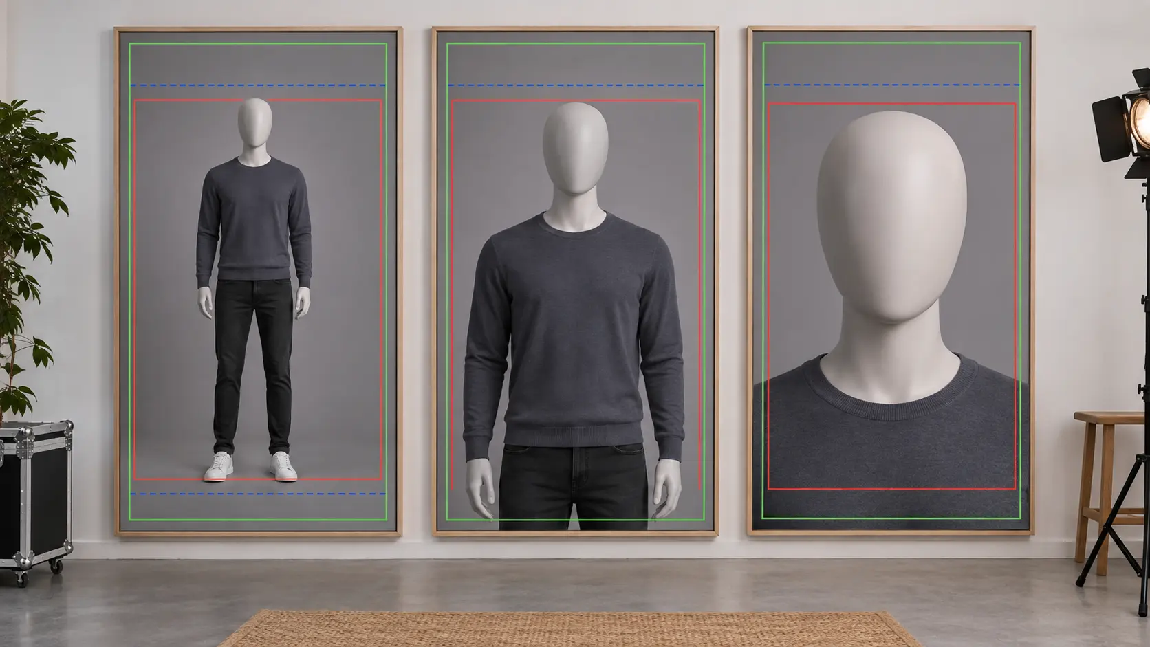 Three vertical composition frames demonstrating headroom, subject placement and safe margins
