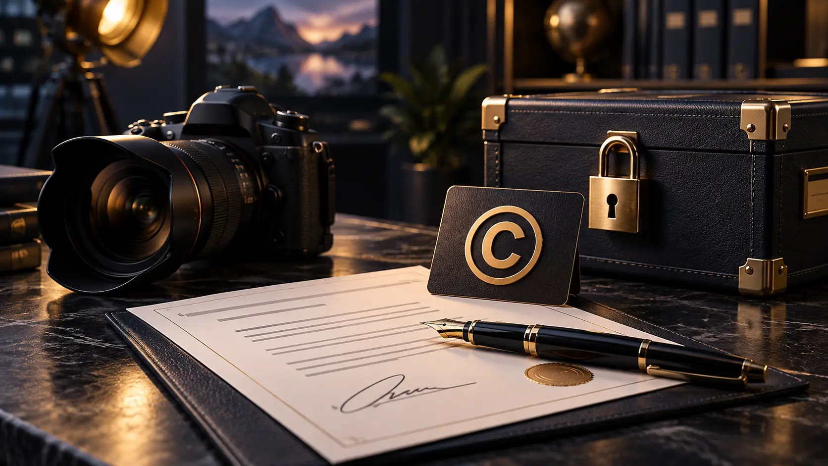 Camera, signed permission documents and a locked media archive on a dark desk