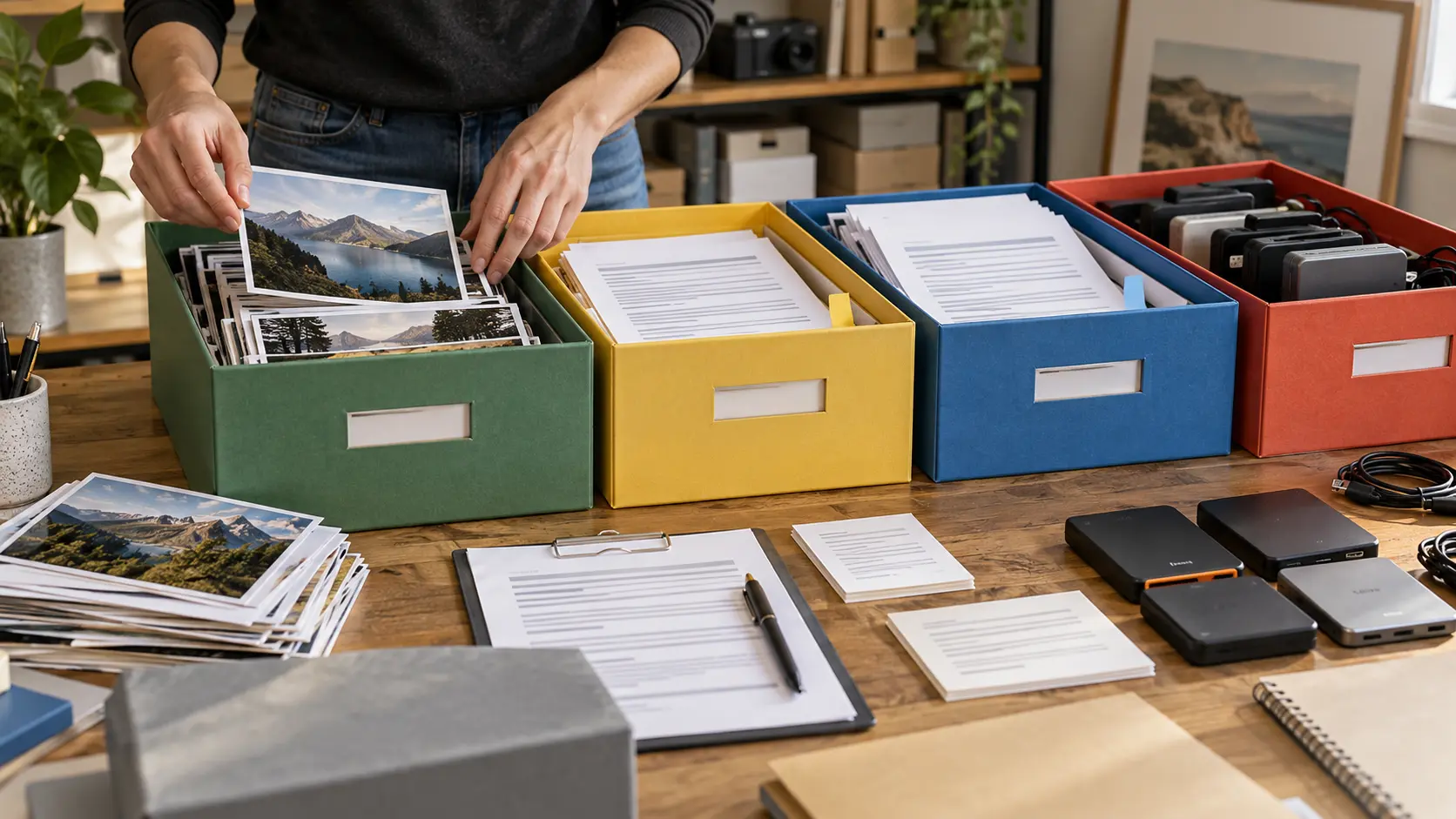 Creator organizing photographs, release forms and licenses in color-coded archive boxes