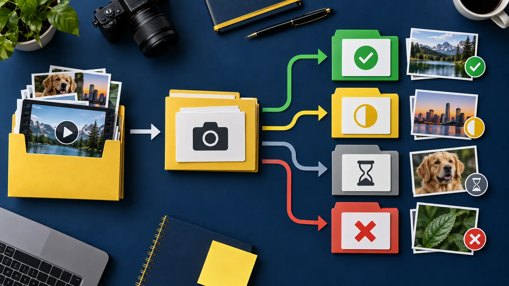 Color-coded folders branching through a visual rights and permission decision workflow