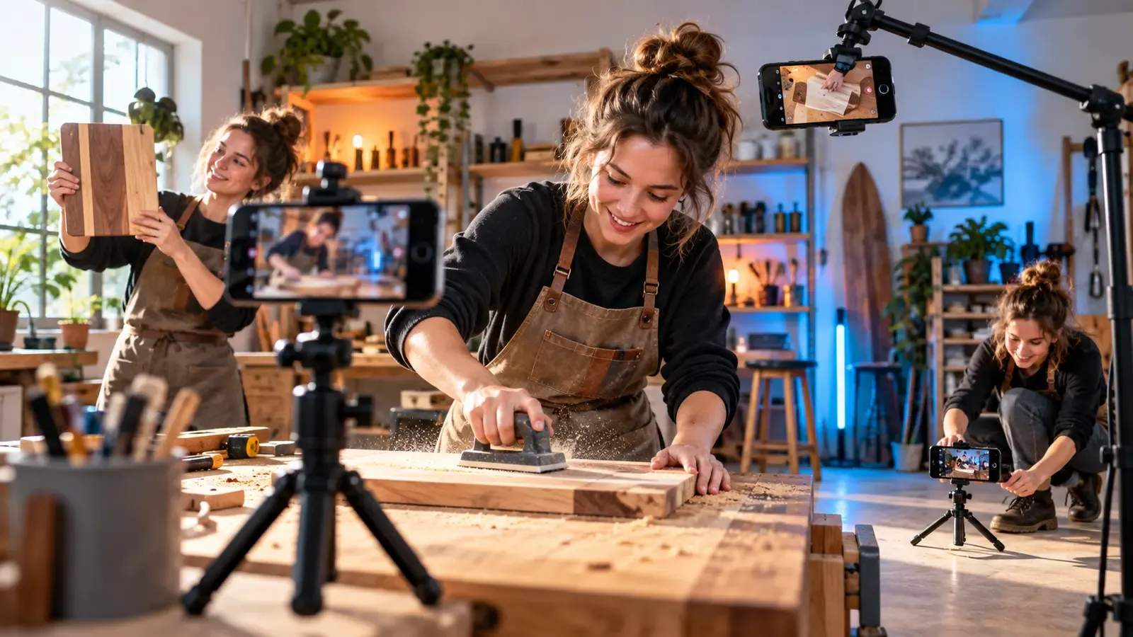 Solo creator filming workshop B-roll with several stable phone angles