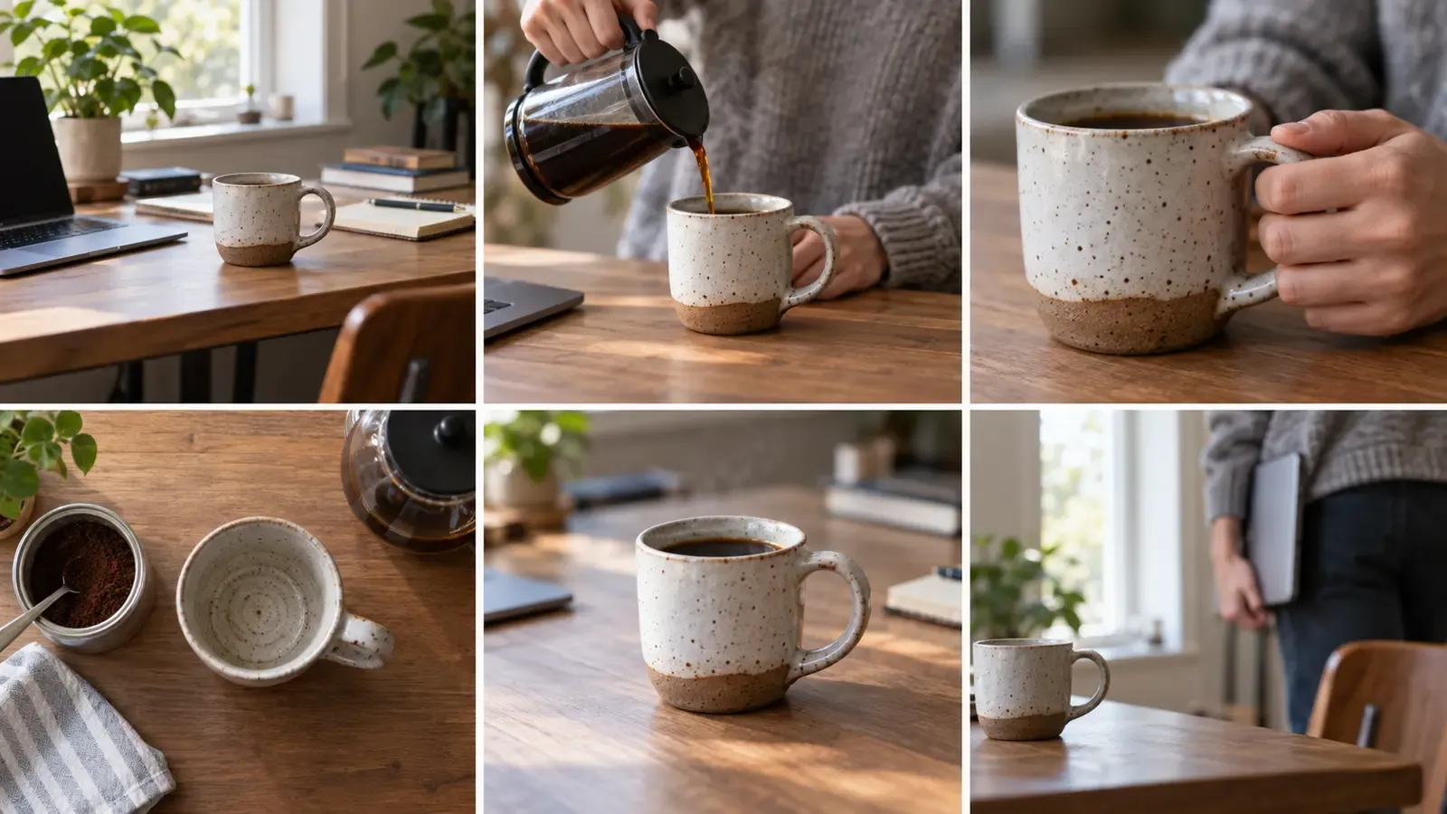 Six-panel B-roll coverage grid showing a ceramic mug from wide, medium, close and overhead angles