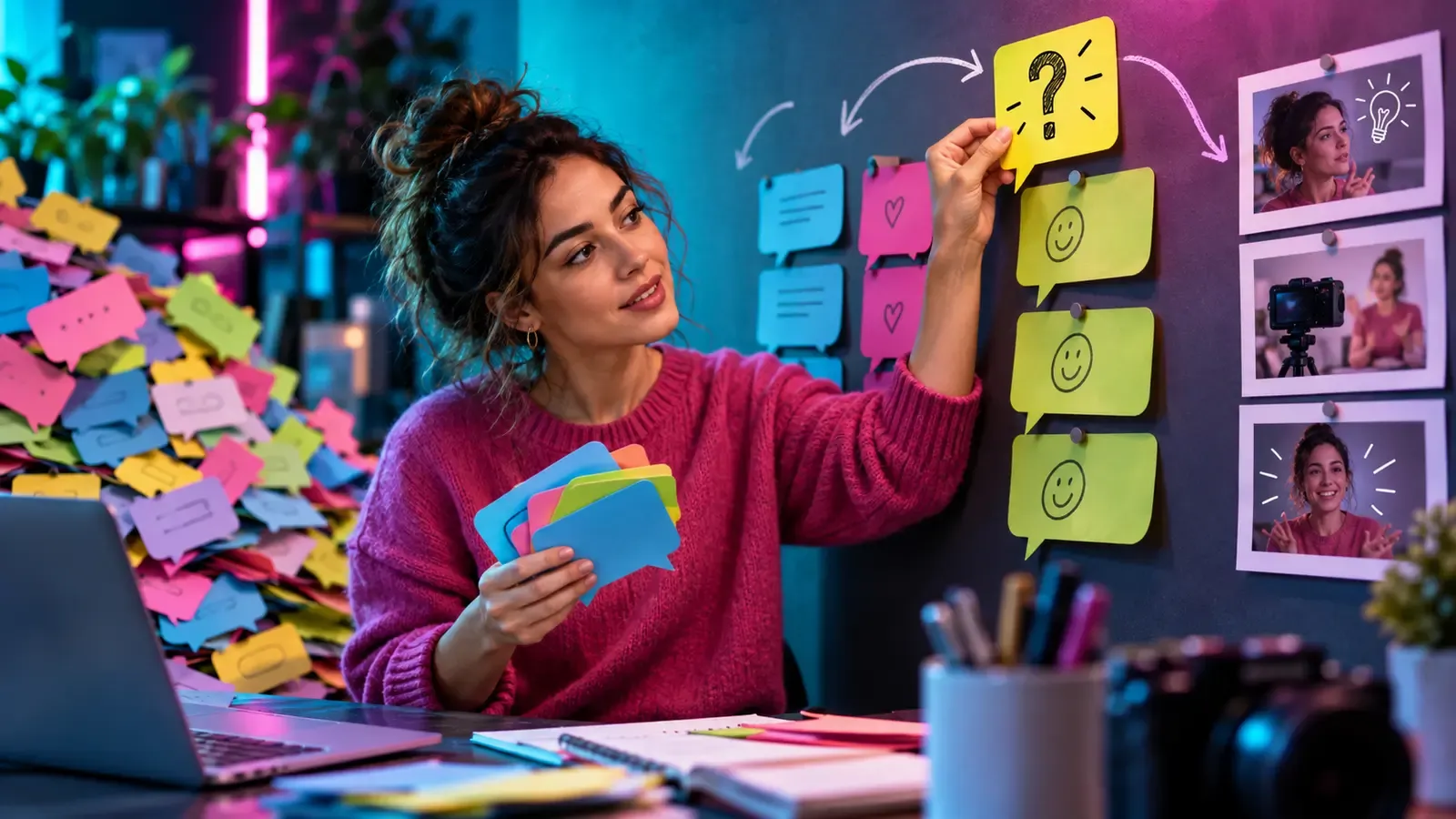 Creator sorting colorful audience question cards into video ideas