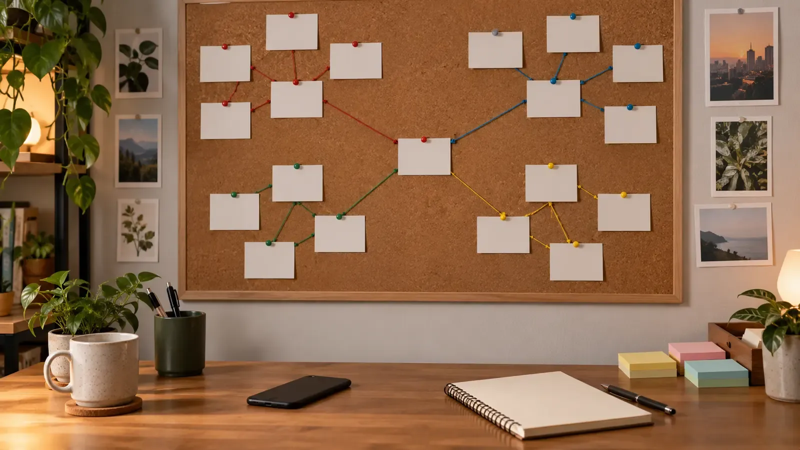 Blank topic cards connected across a wall-mounted short-form search research board