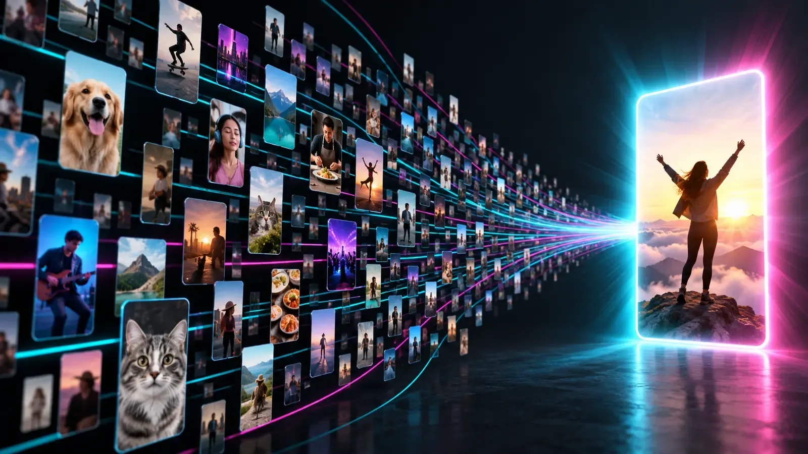 Hundreds of short-form video tiles flowing toward one brightly lit outlier frame