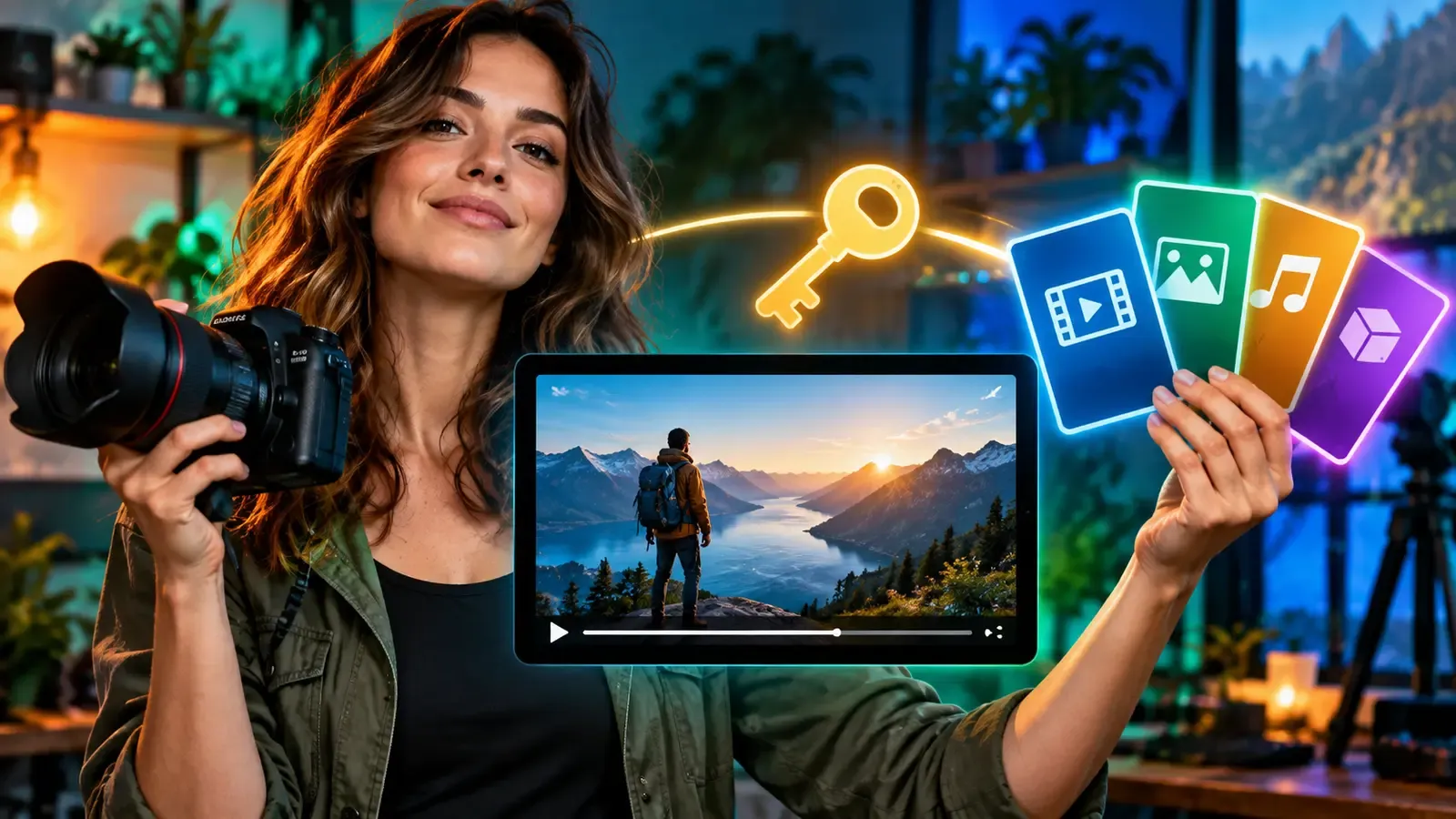 Creator holding a camera and colorful usage-right cards beside a licensing key
