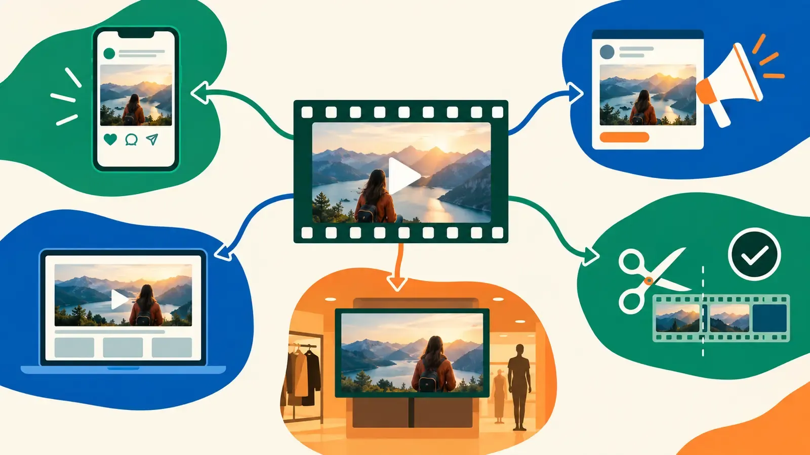 Central video frame branching into organic social, paid advertising, website and editing uses