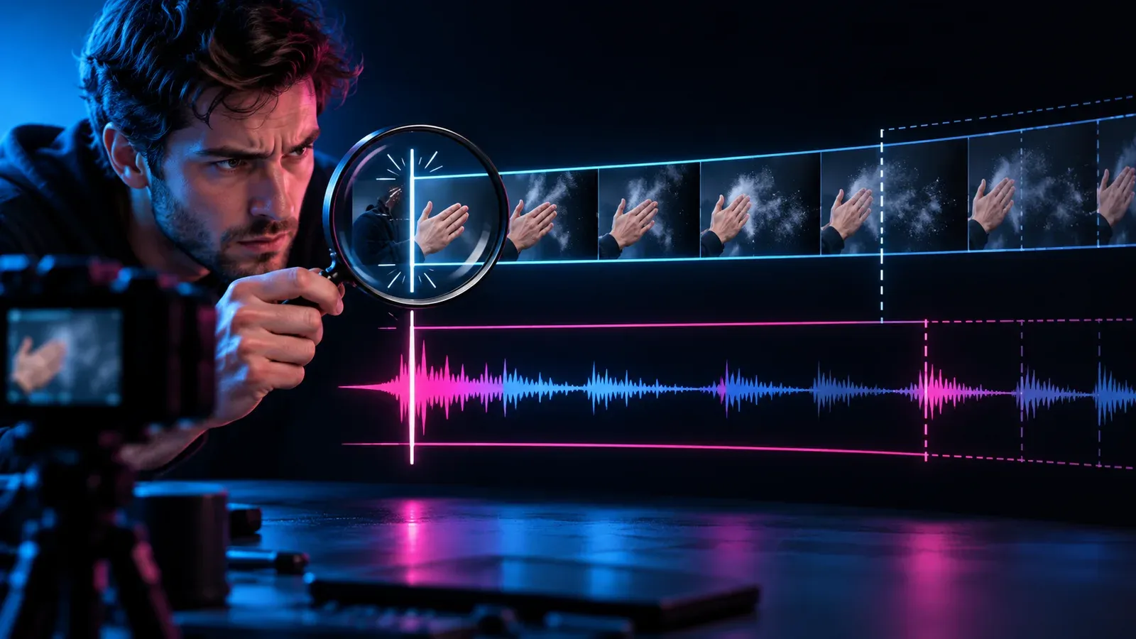 Technical thumbnail with a video timeline splitting into irregular frames and a clean synchronized audio waveform