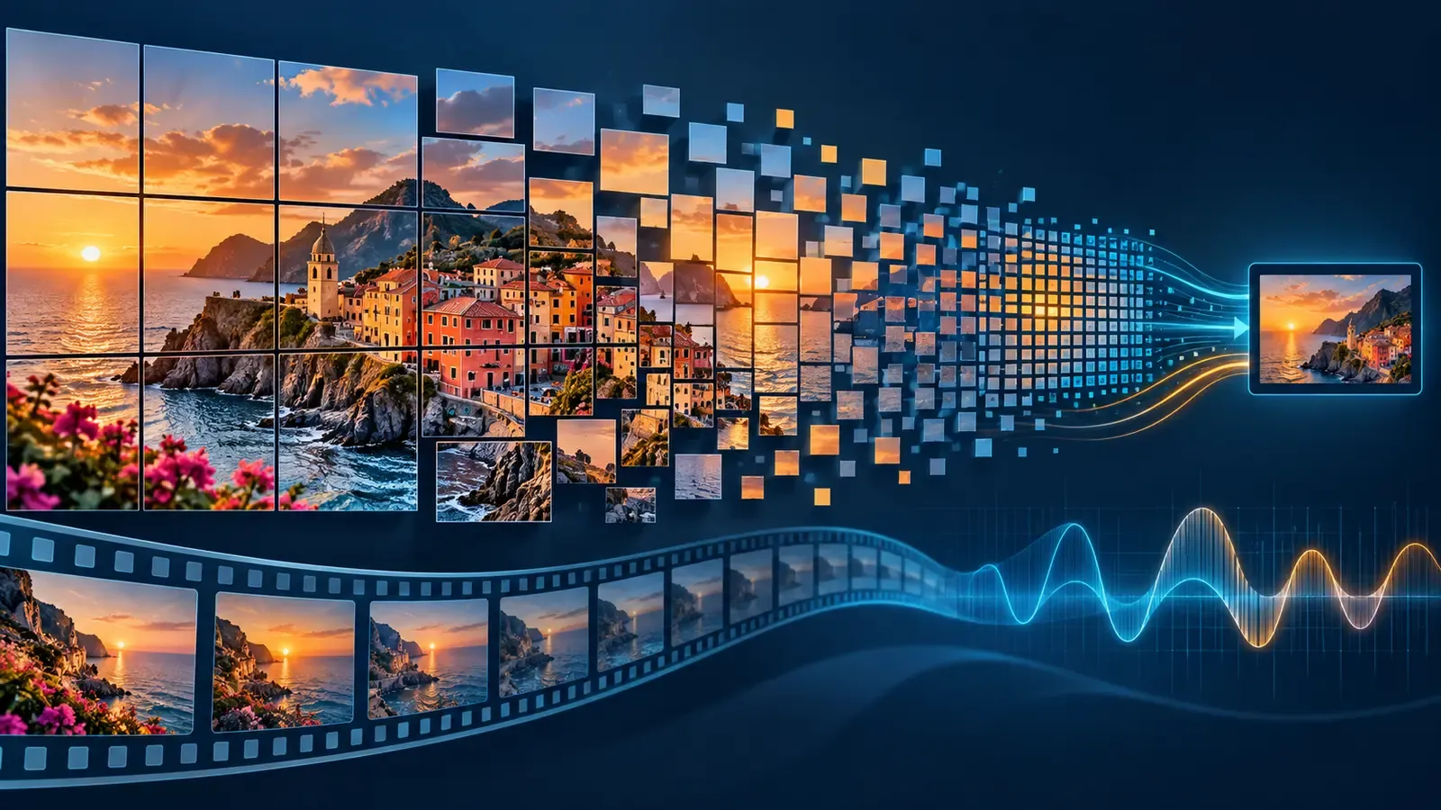 Technical illustration of a video image becoming compressed blocks and a smaller delivery frame