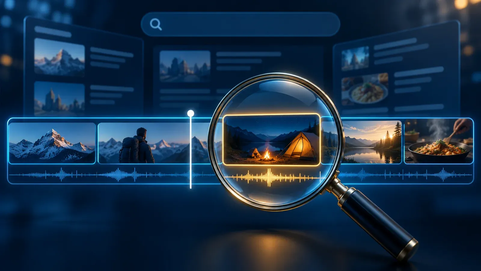 Magnifying glass highlighting one chapter on a segmented video timeline